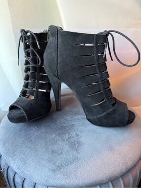 Fergalicious Black Cutout Lace-Up Peep Toe Stiletto Booties